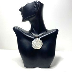 Sterling Silver Abalone Shell Necklace Carved Rose 925 Leather